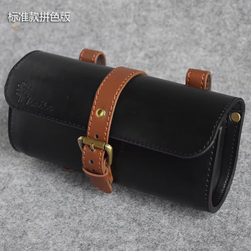 Bicycle Bag Handmade Leather Rainproof Riding Bag Handlebar Saddle Bag Fit Brompton Road Bike MTB PU Leather Tool Bag